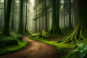 a path through a forest with trees and moss. AI-Generated photo