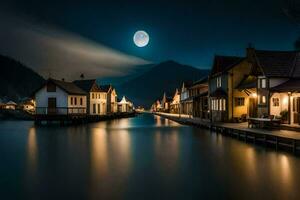 un de luna noche escena con casas a lo largo el agua. generado por ai foto