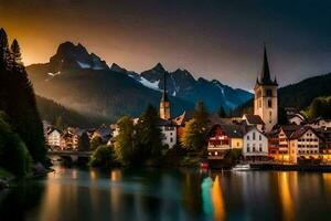 photo wallpaper the sky, mountains, lake, town, church, church, church, church,. AI-Generated