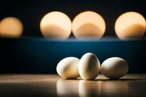 Tres huevos en un mesa con velas en el antecedentes. generado por ai foto