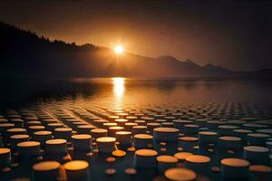 a lake with many cups on it at sunset. AI-Generated photo