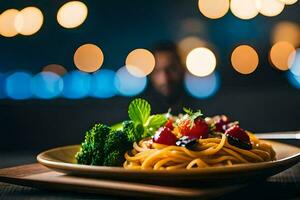 a plate of pasta with broccoli and tomatoes on a table. AI-Generated photo