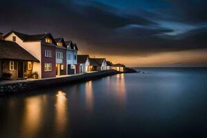 a row of houses on the water at dusk. AI-Generated photo