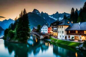 photo wallpaper mountains, house, lake, bridge, house, house, house, house, house. AI-Generated