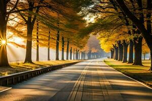 autumn road with trees and sunbeams. AI-Generated photo