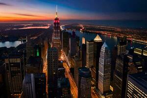 the empire state building is seen at sunset. AI-Generated photo