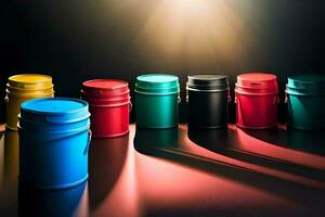 a row of colorful plastic buckets on a dark surface. AI-Generated photo
