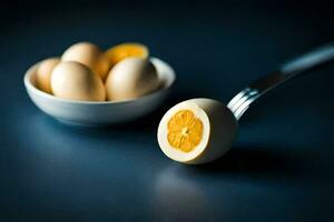 an egg on a fork with a slice of orange. AI-Generated photo