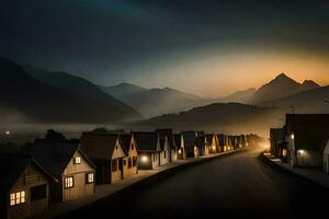 a street in the mountains with houses and a mountain in the background. AI-Generated photo