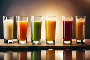 a row of different colored juices on a wooden tray. AI-Generated photo