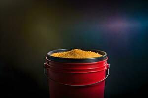 a red bucket filled with sand on a black background. AI-Generated photo