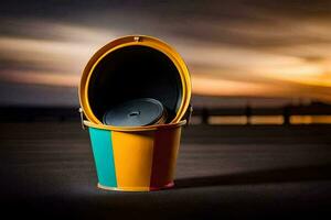 a colorful bucket with a lid on top of a table. AI-Generated photo