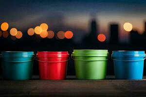 four colorful buckets on a wooden table with city lights in the background. AI-Generated photo