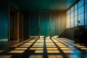 a room with a large window and a floor with a checkered pattern. AI-Generated photo