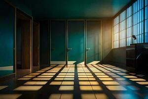 a room with a large window and a floor with a checkered pattern. AI-Generated photo