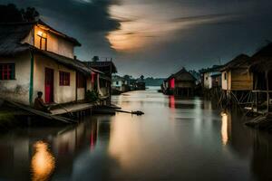 un río a noche con casas y un bote. generado por ai foto