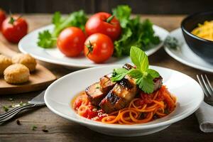 un plato de espaguetis con carne y Tomates. generado por ai foto