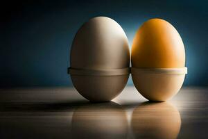 two eggs are shown in front of a blue background. AI-Generated photo