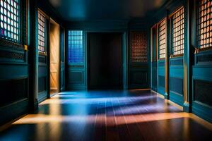 a hallway with blue walls and wooden floors. AI-Generated photo