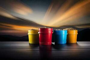 three colorful buckets with a sunset in the background. AI-Generated photo