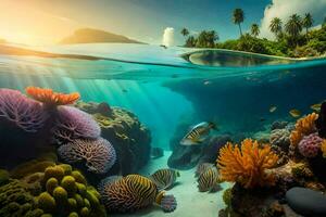 the sun shines on the coral reef and fish. AI-Generated photo