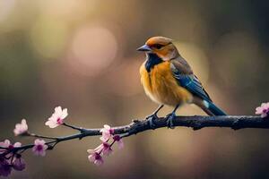 un pájaro sentado en un rama con rosado flores generado por ai foto