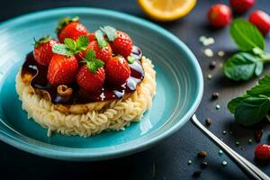 a plate with strawberries and rice topped with mint leaves. AI-Generated photo