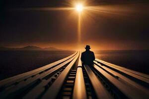 a man sitting on a train track with the sun shining in the background. AI-Generated photo