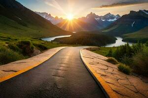 the sun rises over a mountain range and a road. AI-Generated photo