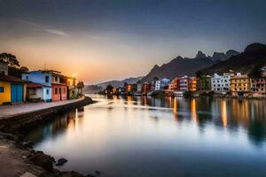 the sun sets over colorful houses along a river. AI-Generated photo