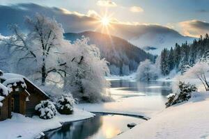 nieve cubierto montañas y un río en invierno. generado por ai foto