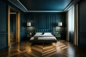 a bedroom with dark blue walls and wood floors. AI-Generated photo