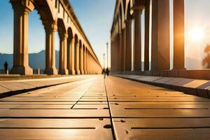 a long wooden walkway with pillars in the background. AI-Generated photo