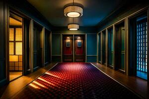 the hallway has a red carpet and lights. AI-Generated photo