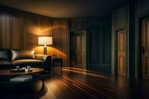 a dark room with a black couch and wooden paneling. AI-Generated photo