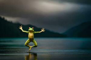 a frog is standing on its hind legs in the water. AI-Generated photo