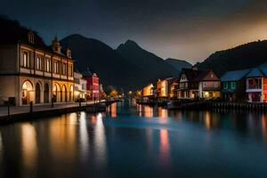 photo wallpaper the sky, night, mountains, water, houses, the city, the town,. AI-Generated