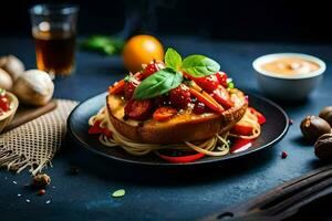 un plato de espaguetis con Tomates y hongos en él. generado por ai foto