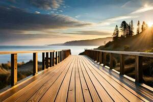 a wooden walkway leads to the ocean at sunset. AI-Generated photo