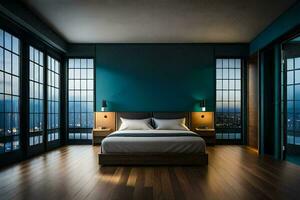 un dormitorio con azul paredes y de madera pisos generado por ai foto