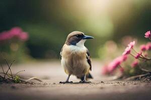 un pequeño pájaro en pie en un suciedad camino rodeado por rosado flores generado por ai foto