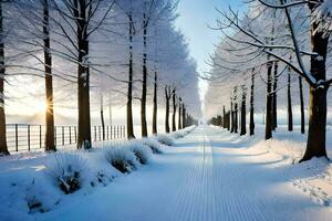 un Nevado la carretera forrado con arboles y nieve. generado por ai foto