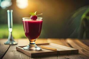 a glass of raspberry juice on a wooden table. AI-Generated photo