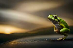 a frog sitting on the ground with a sunset in the background. AI-Generated photo