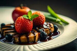 un plato con fresas y arándanos en él. generado por ai foto