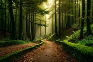 un camino mediante un bosque con arboles y musgo. generado por ai foto