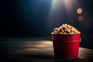 a red bucket filled with peanuts on a table. AI-Generated photo