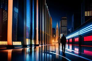 un hombre caminando abajo un ciudad calle a noche. generado por ai foto