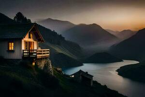 el casa en el lago. generado por ai foto