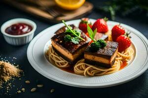 un plato de comida con espaguetis y fresas generado por ai foto